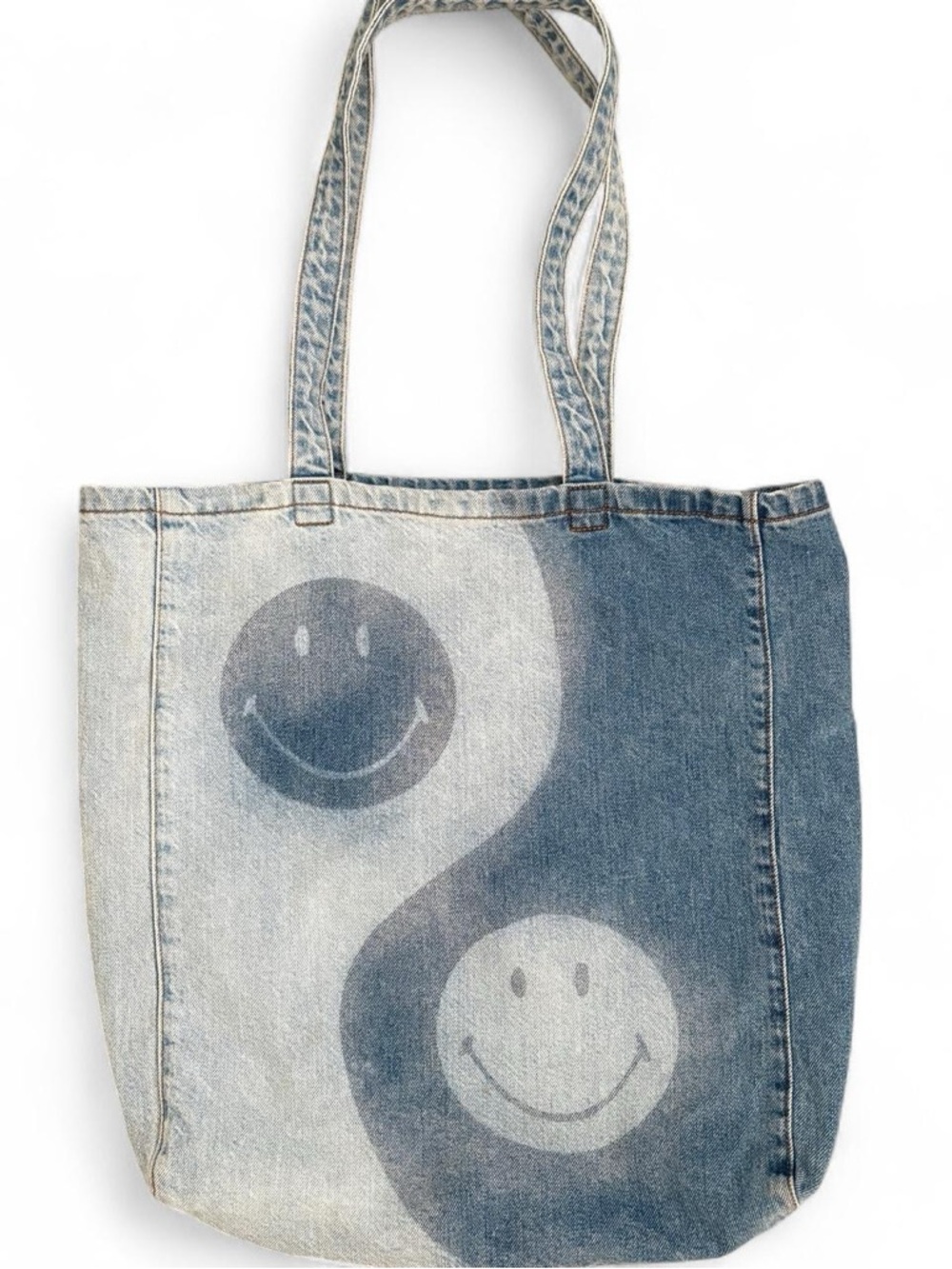 American Eagle Denim Tote Bag with Smiley Yin Yang Design - Blue/Light Blue